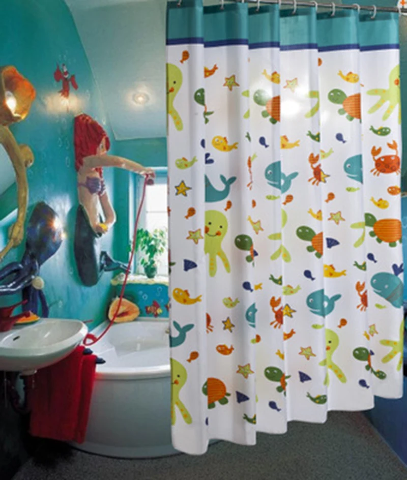 

Cartoon Fish Whale Turtle pattern Waterproof Bath Screen Curtains with hooks Polyester Bathroom Shower Curtains for kids child