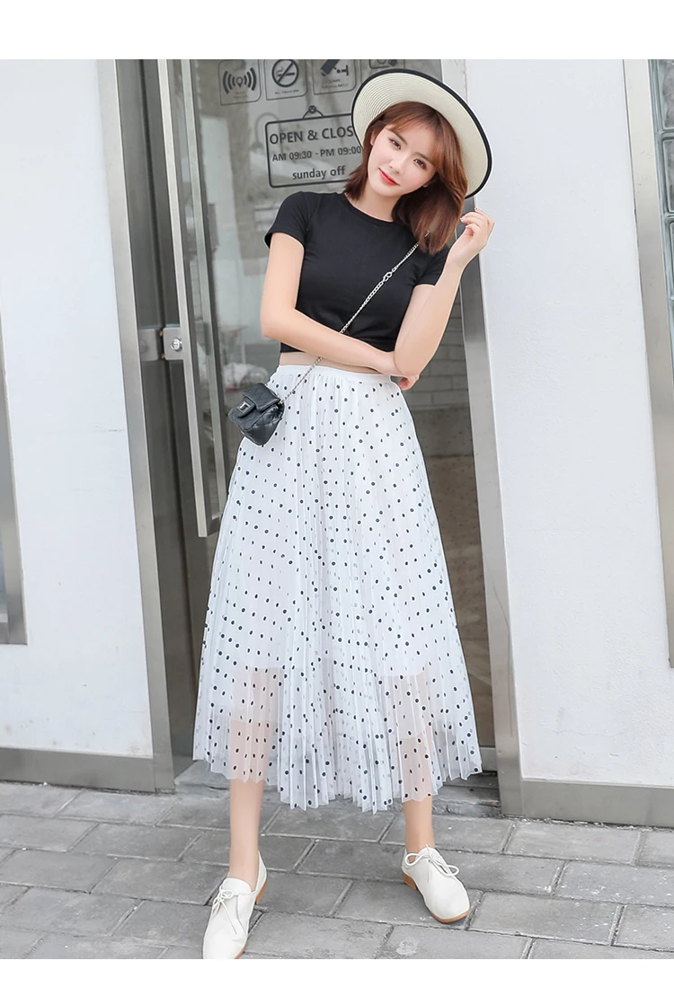Новинка 2019 года сезон: весна-лето для женщин Тюлевая юбка корейская мода Dot Высокая талия юбка женская плиссированная юбка повседневное