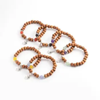 

30pcs Wood Beaded Stretch Charm Bracelets with Stone Beads and Tibetan Style Ohm Charms Mixed Color about 50mm inner diameter