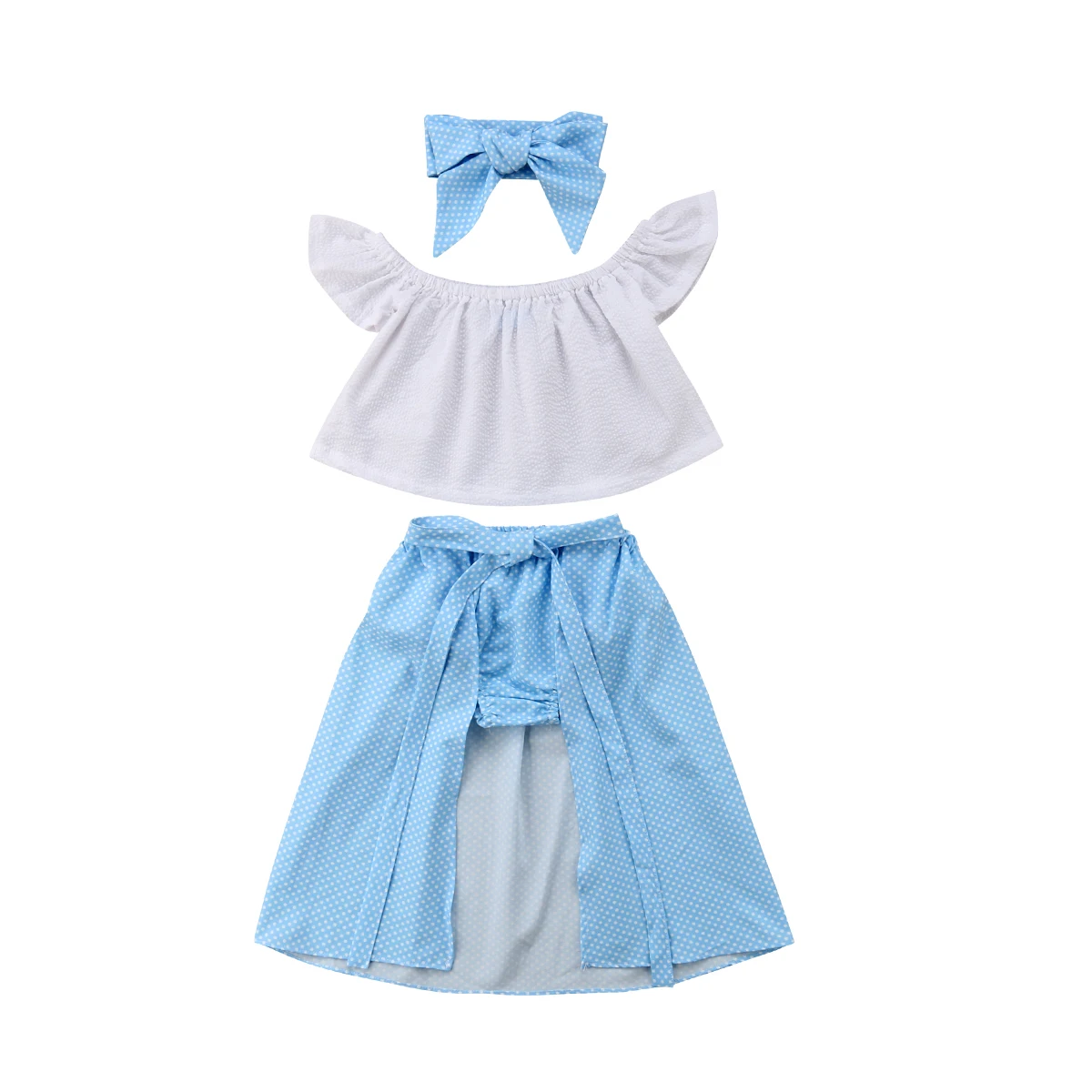 

4pcs Kids Girls Set Lace Off shoulder Crop Shirt Tops Polka Dot Shorts Skirt Headband Party Outfits Clothes Set 2019