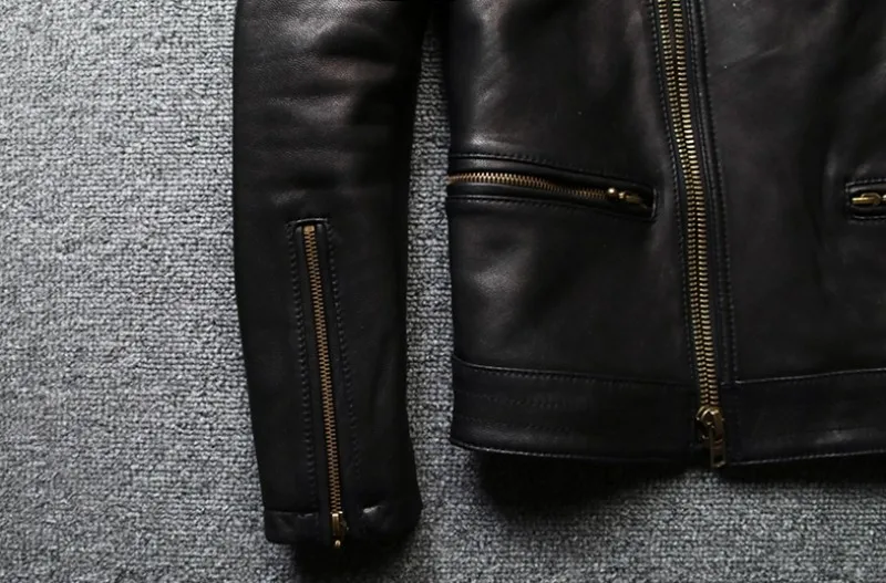 Черная куртка-бомбер в стиле стимпанк из овечьей кожи, мужская куртка на молнии, Байкерская мотоциклетная куртка из натуральной кожи, мужская одежда