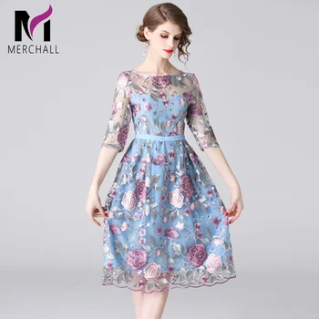 

Merchall High Quality 2019 Summer New Runway Dress Women's Long Sleeve Elegant Party Vintage Mesh Floral Embroidery Dress