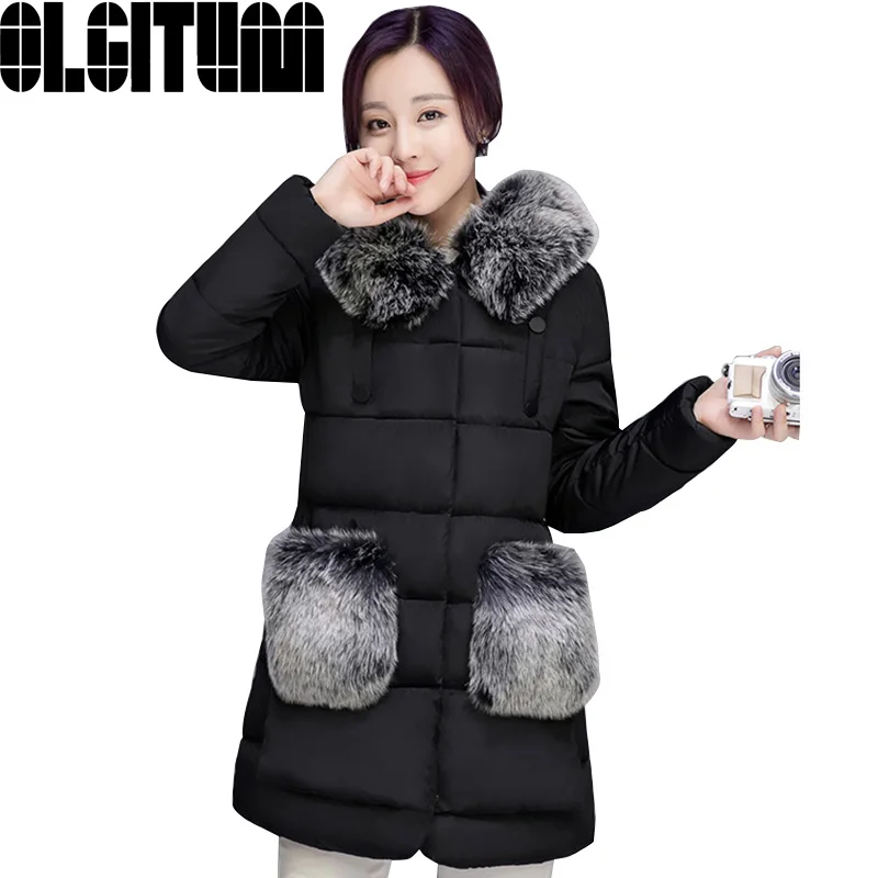 

HOT SALE! 2017 new comes women coats down cotton jackets winter jacket fur collar hooded coat long sleeve jacket outerwear For