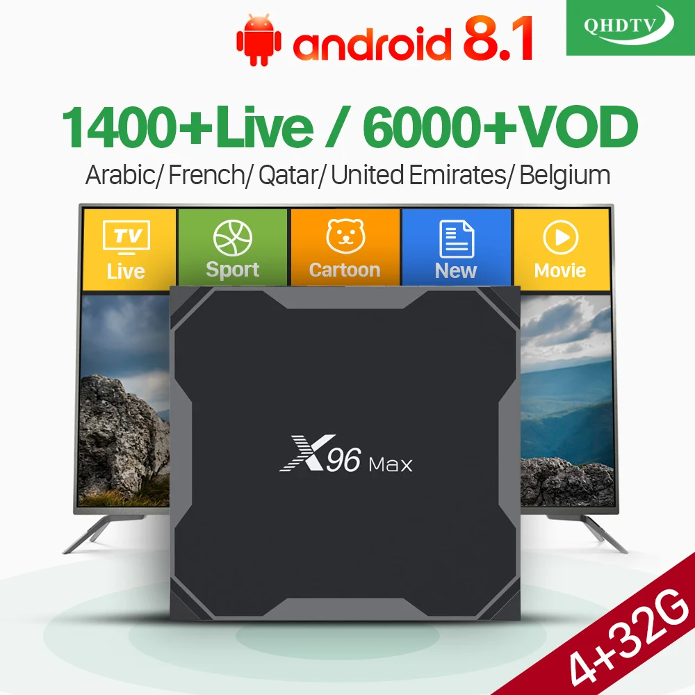

IPTV France X96 Max IP TV Box 1 Year QHDTV French Arabic Qatar Subscription 4G 32G S905X2 Android Box Belgium Qatar IPTV QHDTV