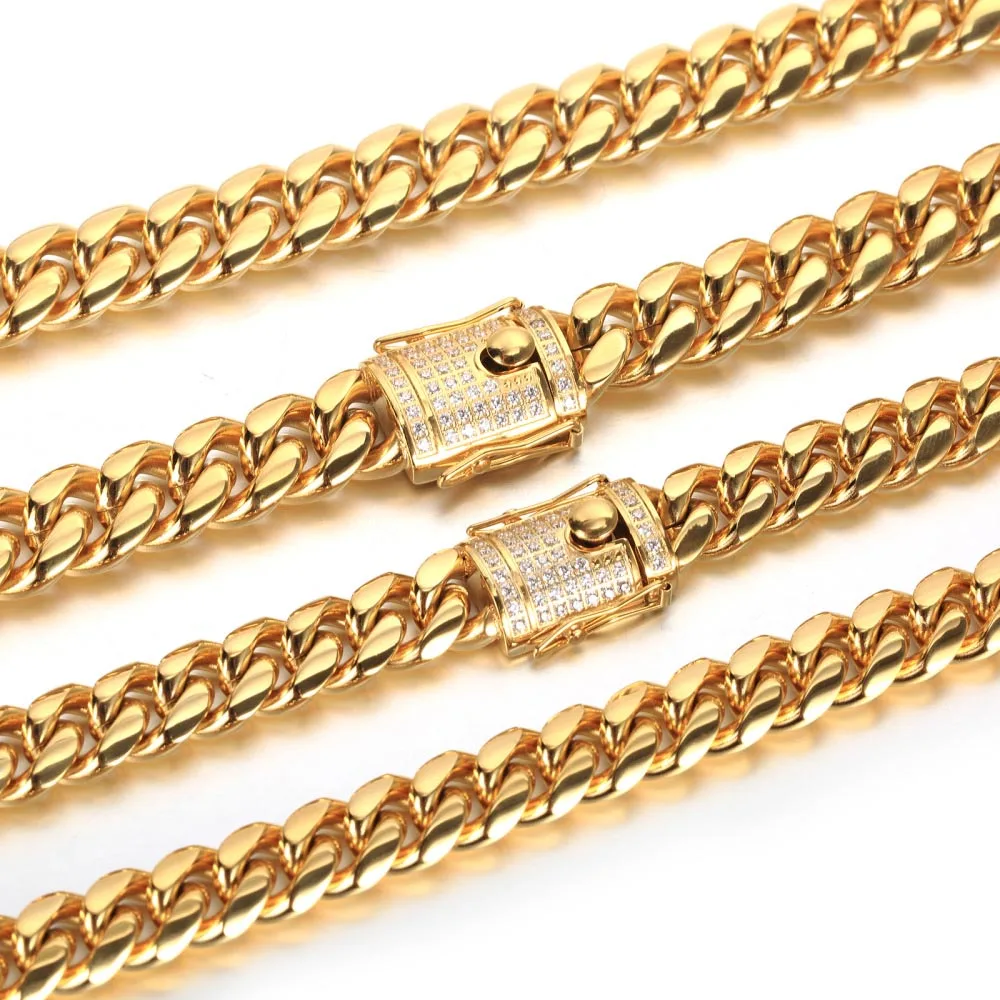 

10MM/14MM Cuban Miami Chain Necklace Stainless steel Bling CZ Casting Clasp Iced Out Gold Silver Color Men Women Hip hop Jewelry