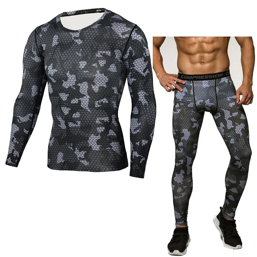 Мужские наборы для бодибилдинга, камуфляжные компрессионные рубашки и леггинсы для упражнений, тренировки, облегающая футболка, брендовая одежда