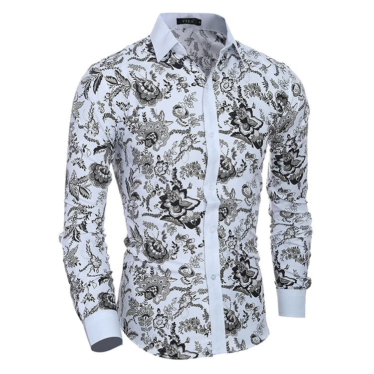 Mens Shirts Casual Long Sleeve Shirts Hawaiian Floral Printed Slim Button Down Shirts