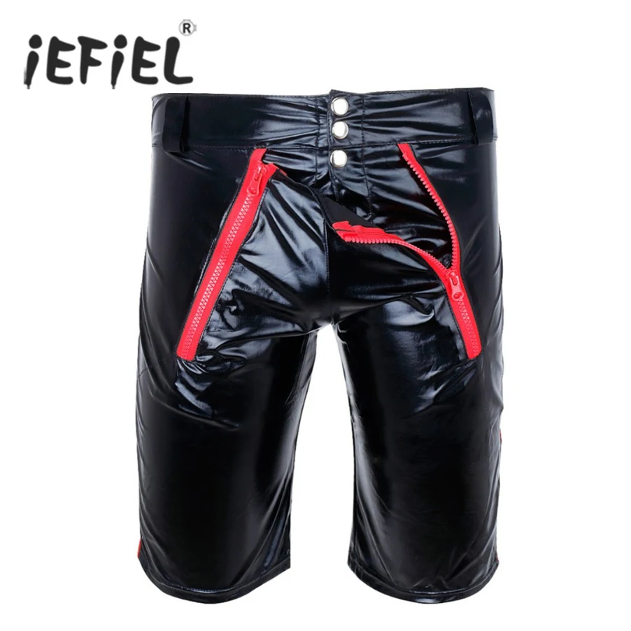 

iEFiEL Fashion Gay Men Sexy Patent Leather Boxer Shorts Underwear Underpants Adult Costumes Lace Up Jockstrap Zipper Crotchless