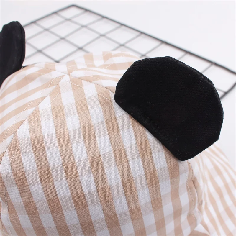 6Striped Baby Sun Bucket Hat Toddler Infant Boy Girl Black Ears UV Protection Basin Caps Cotton Breathable Fashion Grid Hat for Summer