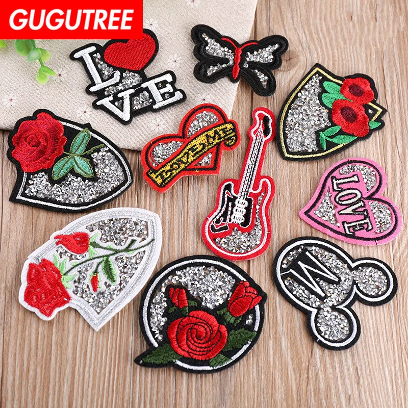 

GUGUTREE embroidery rhinestone rose love buttlefly patches guitar flower patches badges applique patches for clothing YX-302