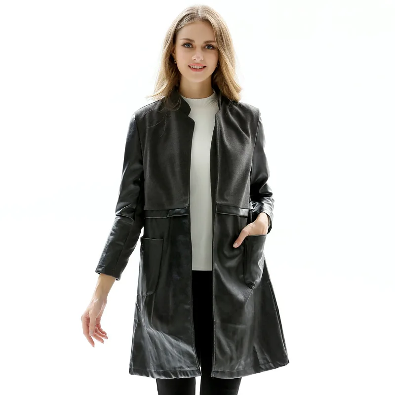 Лоскутное Черное длинное пальто из искусственной кожи, Тренч, зимняя женская одежда, Casaco Feminino, большой размер 5XL, Женская куртка из искусственной кожи
