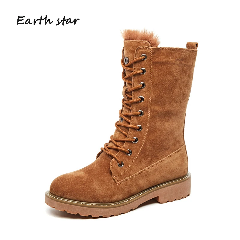 

Real Leather Casual Warm Shoes Women Fashion Brand Snow Boots Lady chaussure Winter Female footware Cross-tied with Fur Black