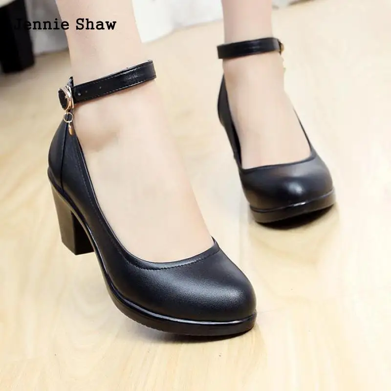 

Genuine Leather Female Mother Shoes Thick Heel Platform Button Belt Black Work Shoes