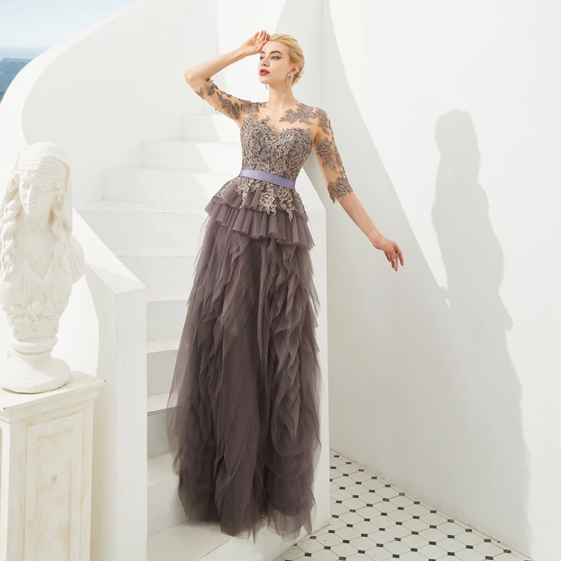 

Elegant Month of the Bride Dresses O Neck Half Sleeve Applique Lace Floor Length Long Simple Customized Formal Evening Gown 2019