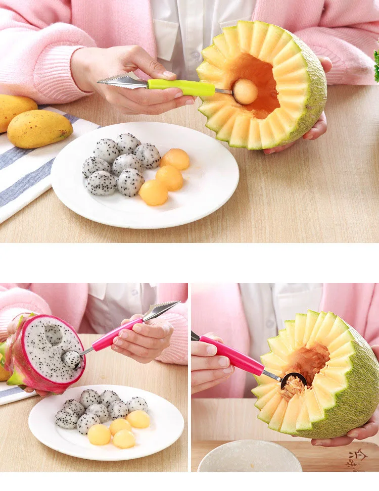 Double Head Stainless Steel Watermelon Digging Ball Kitchen Tool Watermelon Carving Knife Fruit Ice Cream Digging Ball Spoon