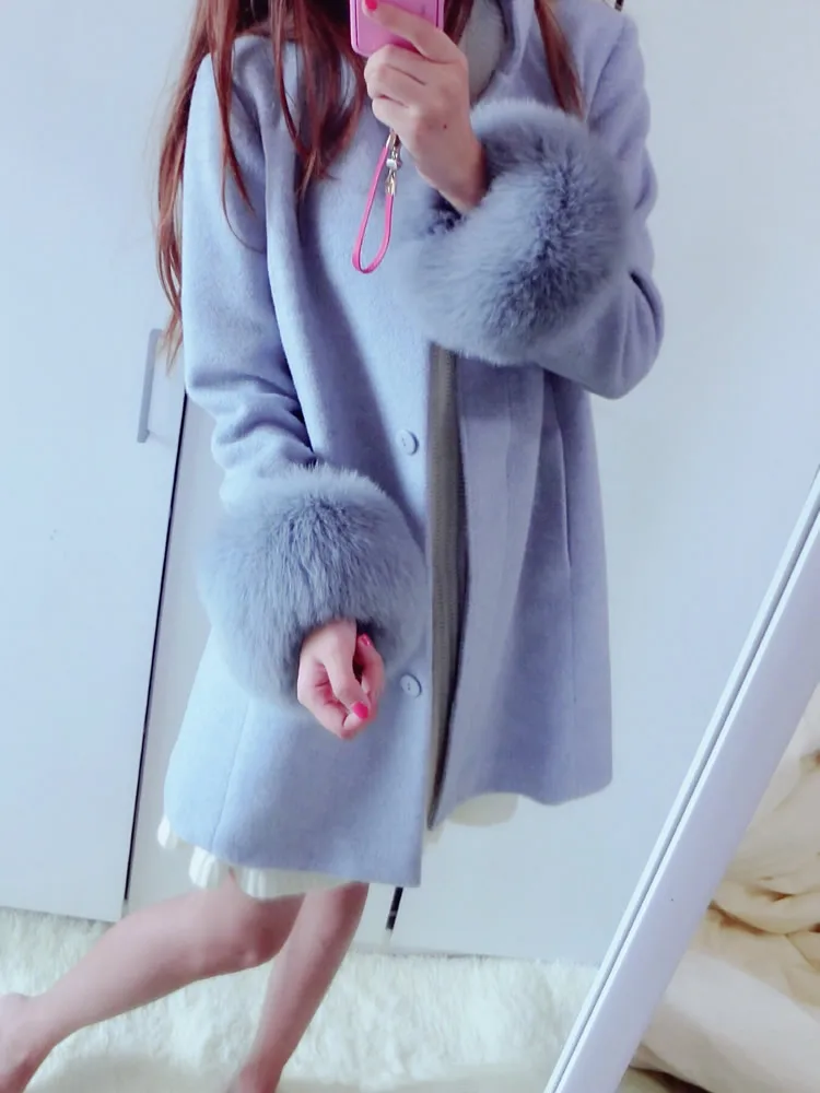 Модное однотонное длинное зимнее модное шерстяное Пальто однобортное офисное шерстяное пальто и куртка пальто с меховым воротником и карманами Femenino