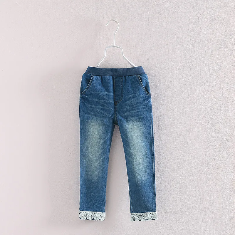 2018 Spring Fall Hot Little Girls Fashion Lace Spliced Jeans Children