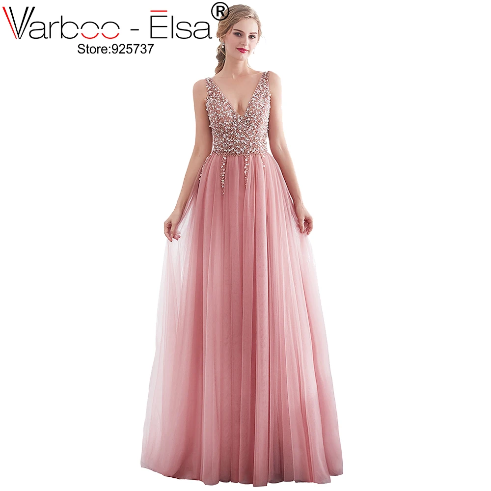 

VARBOO_ELSA Deep V-neck pink Sexy Sleeveless Tulle A Line Long Prom Dresses 2019 Lace Up Appliques Floor Length Prom Dress