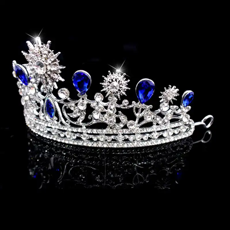 Luxurious Royal Blue Crystal Crown Bridal Rhinestone Tiara Headpiece