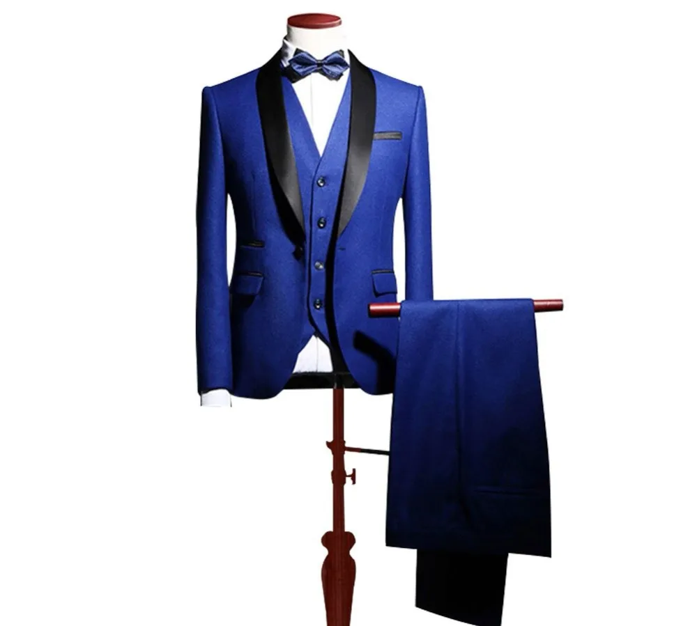 2019 Royal Blue Men's Suit Shawl Lapel 3 Pc Business Suits One Button