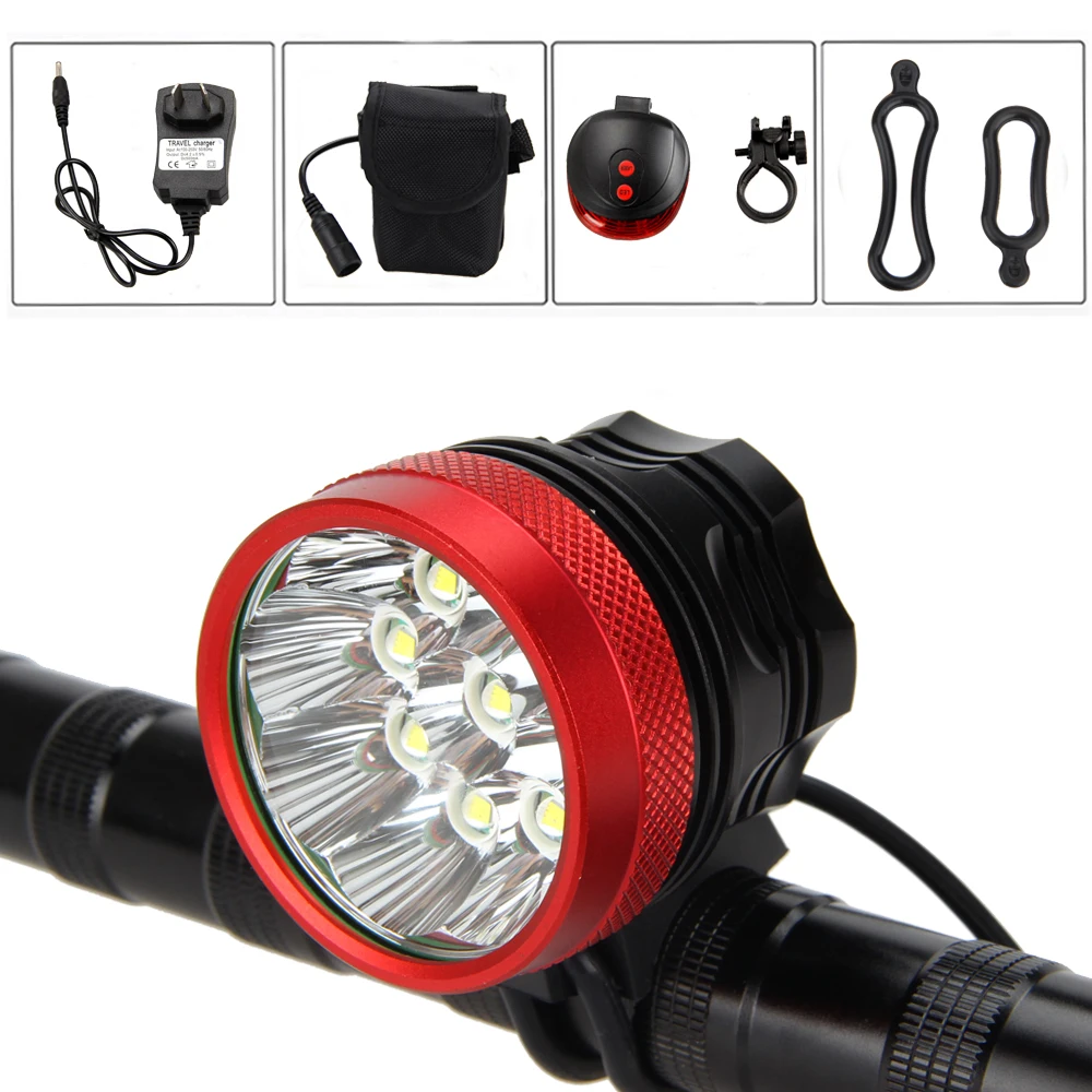 

15000lm 9x XML T6 LED Bicycle Bike Lamp HeadLamp Torch Laser Rear Light 9T6+12000mAh Battery+AC Charger+Red Laser Taillight