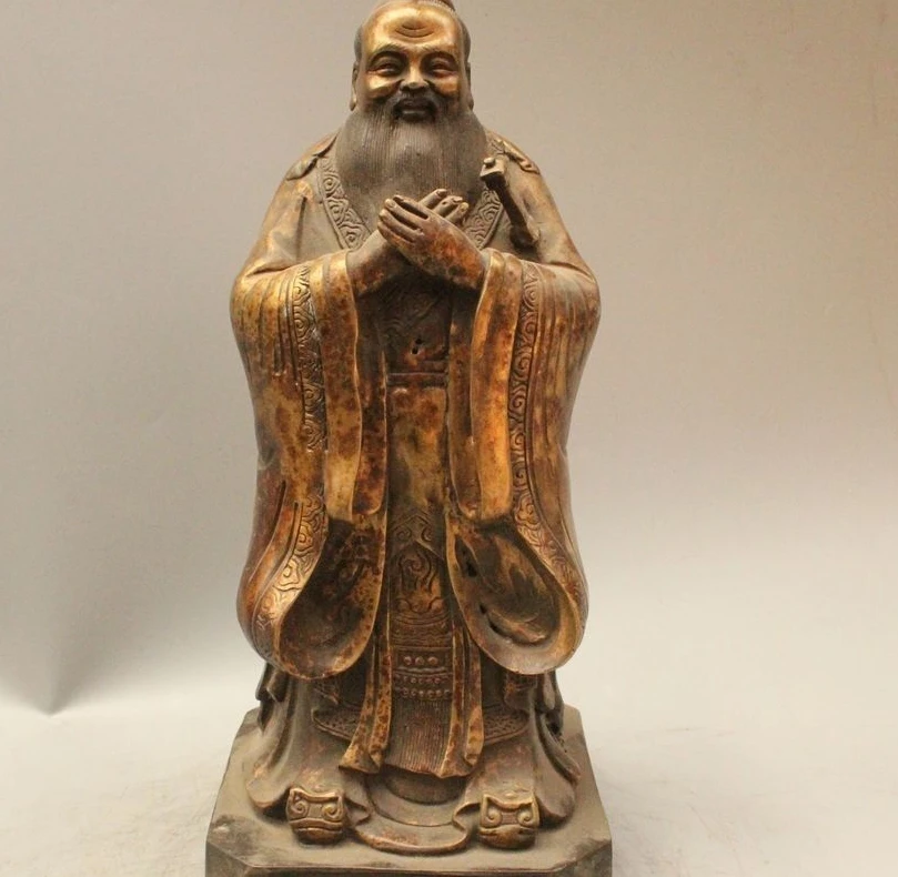 

12" Chinese Folk Copper Gild Stand Politician Confucian Confucius Statue Sculptu