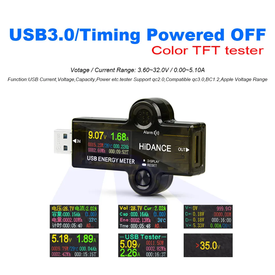 

USB3.0 tester DC Digital voltmeter current voltage Color meter volt amp ammeter detector battery power bank charger indicator