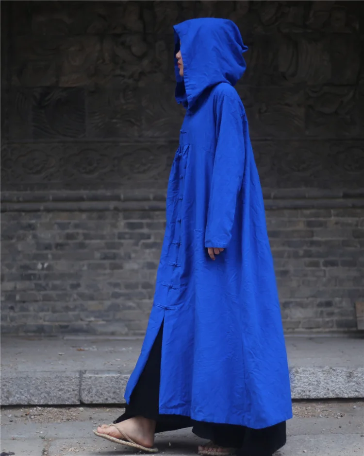NINI WONDERLAND, Осенний Хлопковый тренч с капюшоном, пальто для женщин, длинная верхняя одежда, однобортный, большой размер, длинное платье, халат в стиле Mori Girl - Цвет: royal blue