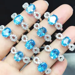Природный Голубой топаз кольцо Обручение обручальное кольцо 6X8 мм драгоценный камень овальной лук кольцо 925 пробы серебро Для женщин