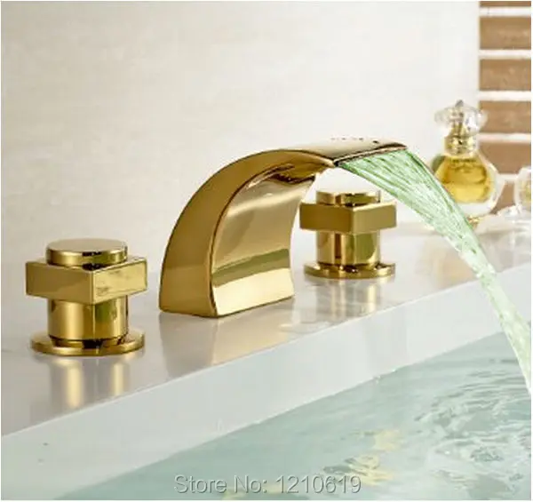 

Newly US Free Shipping Golden Polished Luxury Bathtub Faucet Waterfall Color Changing LED Dual Handles Mixer Tap Deck Mounted