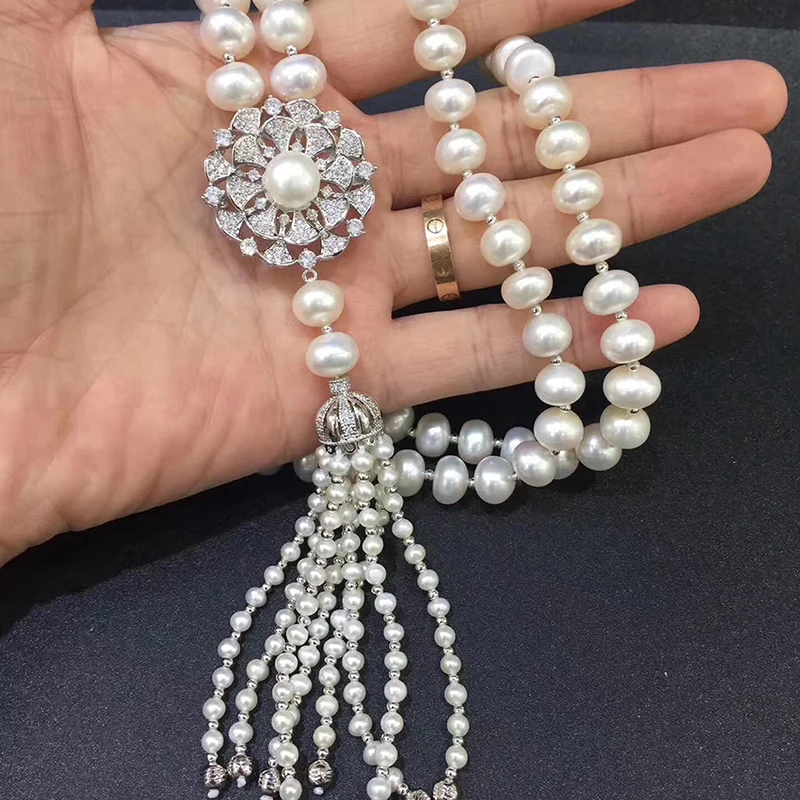 Sinya Tassels fashion Sweater chain Natural pearls Strand long necklace for Women Mum lover gold or white gold color optional  (6)