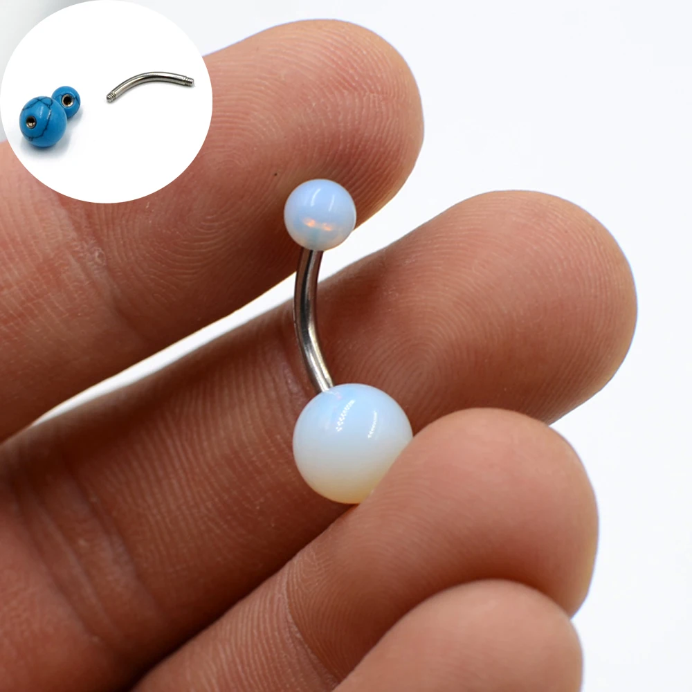 

1Pc Surgical Steel Blue Stone White Opal Navel Belly Button Ring Ombligo Piercing Double Thread Navel Earrings