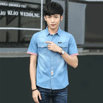 

Summer Men's Denim Shirt 2019 Fashion New Slim Short-Sleeved Shirt Large Size Casual Tops Loose Single-Breasted Men Shirt JIA316