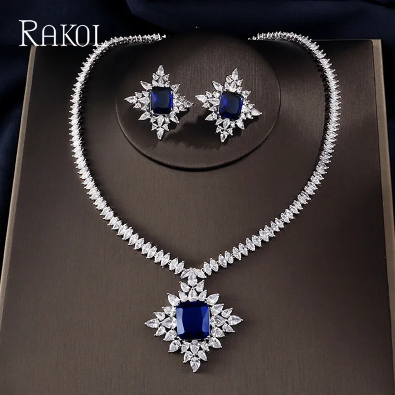 

RAKOL Extreme Luxury Big Square Cubic Zirconia Pendant Pendant Necklace Chain Snow Crystal Stud Earring Jewelry Set For Women