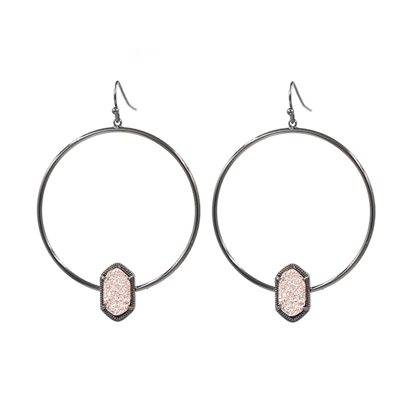 

2019 New Small Oval Druzy Gun Metal Cooper Circle Drop Earrings Big Round Dangle Earring For Women Earrings Fashion Jewelry