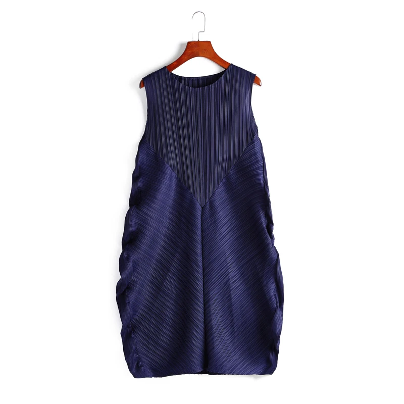 Changpleat новые летние женские платья miяк плиссированные модные дизайнерские без рукавов однотонные Свободные Большие размеры женские платья Tide D890 - Цвет: Dark blue