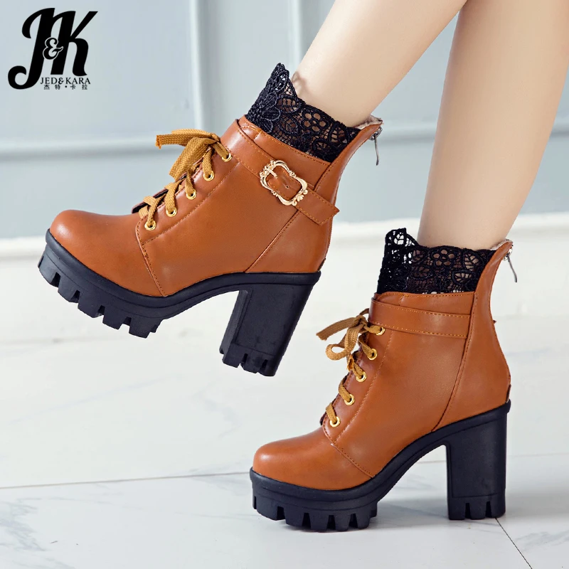 

JK Platform Boots Women High Heels Ankle Boot Ladies Fashion Round Toe Shoes Female Zip Lace Motorcycle Shoes Winter 2019 New