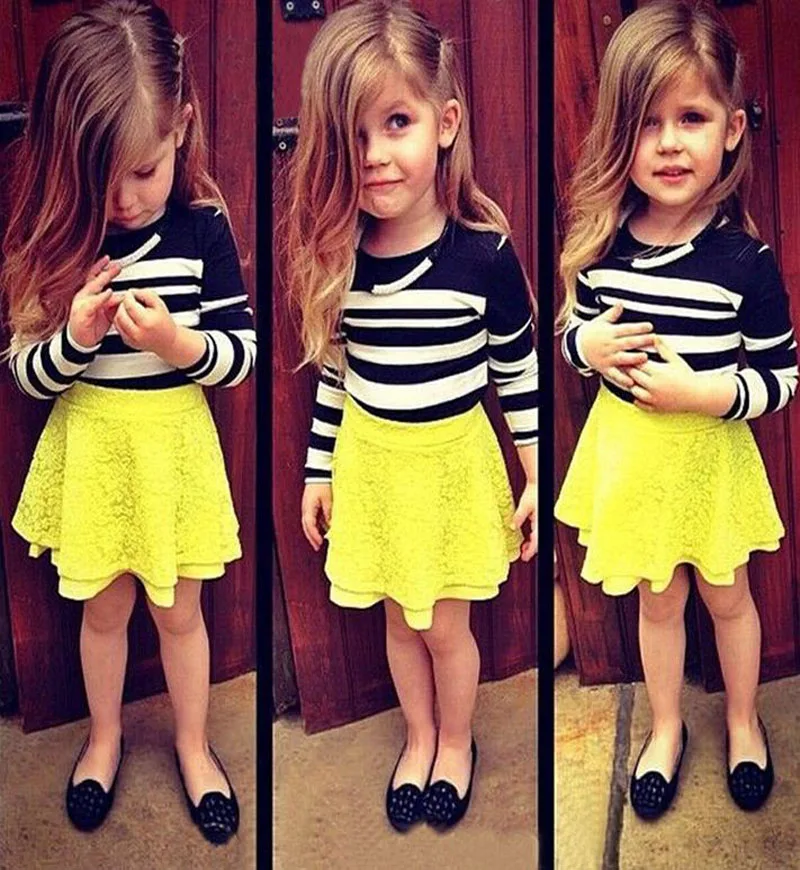 ensemble fille Spring Autumn children Long Sleeve Stripe Top+Floral lace tutu Skirt 2pcs Clothing Set kid girls clothes DY125C