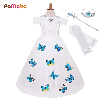 

PaMaBa Girls Cinderella Dress Embellished with Butterflies Crystal 4 Color Children's Pageant Party Vestidos Princess Dress-up