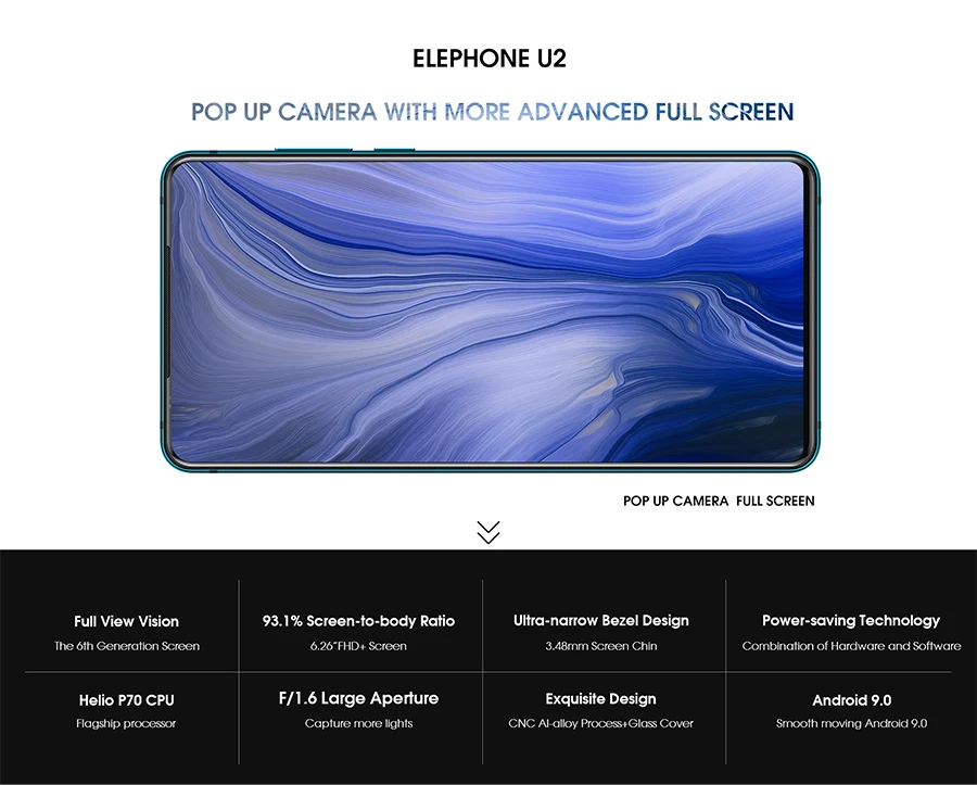 Elephone U2 16MP всплывающая камера 6,2" FHD+ экран Android 9,0 MT6771T Восьмиядерный 4/6GB 128GB Face ID 4G LTE мобильный телефон