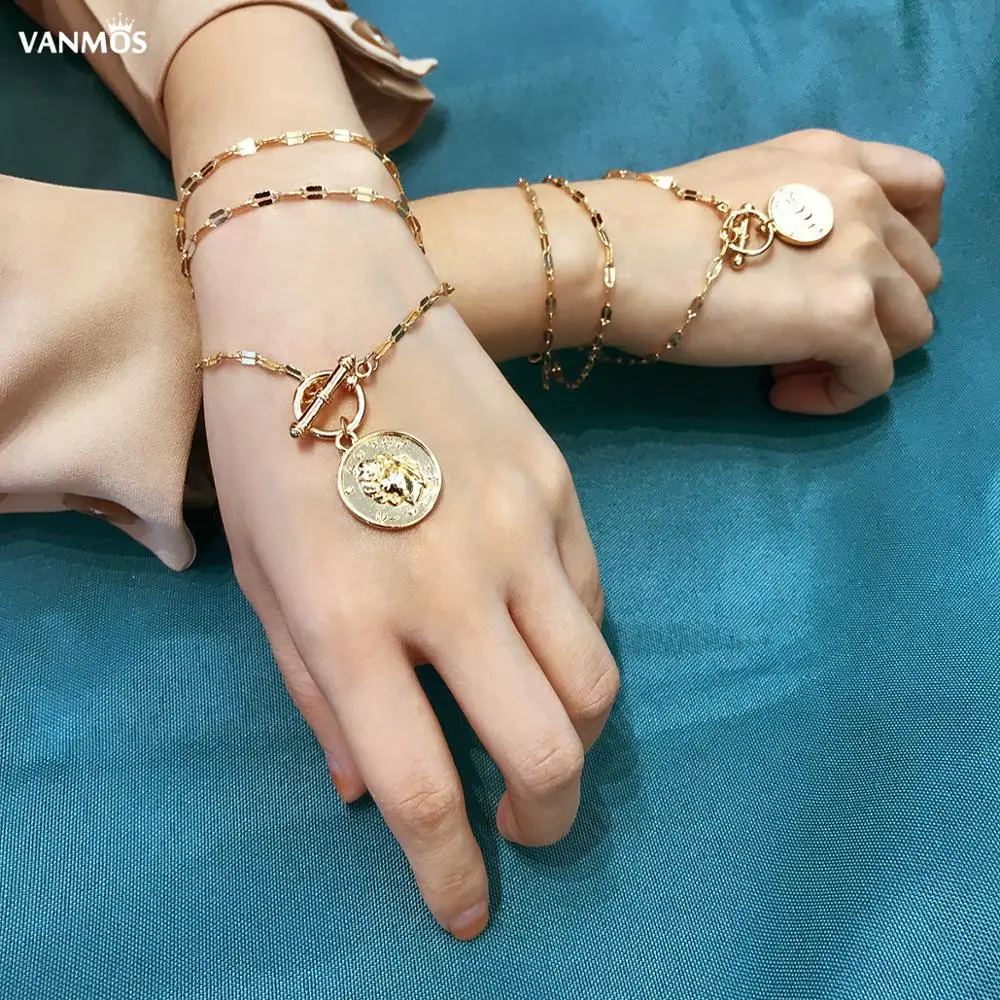 

Vanmos Charm Female Baroque Style Multi Layers Bracelet Bohemia Vintage Carved Portrait Coins Pendant Bangles New Summer Jewelry