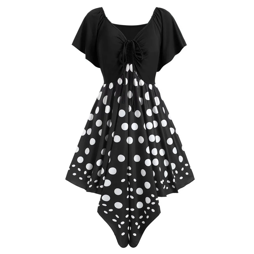 Бесплатная Страусиная Мода платье с коротким рукавом рюшами в горошек носовой