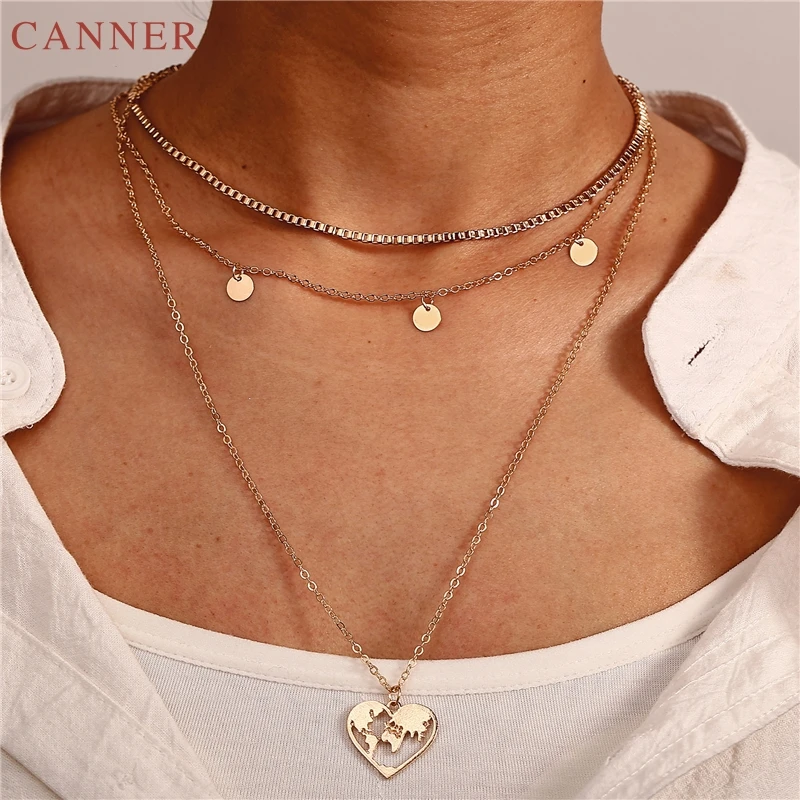 

Travel Gifts World Map Necklace Women Heart Pendant Gold Chain Layered Necklace collar mujer Fashion Jewelry coin necklaces C40