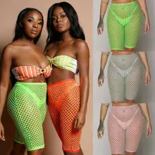 Сексуальная однотонная сетка; с высокой талией женские сексуальные сетчатые брюки связанные крючком пляжные бикини