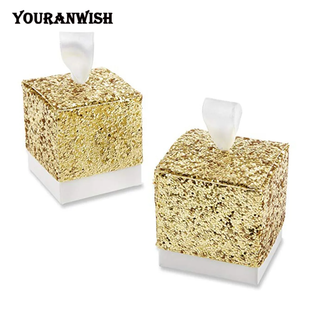 

YOURANWISH 50pcs/lot Wedding Candies Box Sequin Candy Case Candy Packaging Box Portable Box Decorations Gift Box with Square