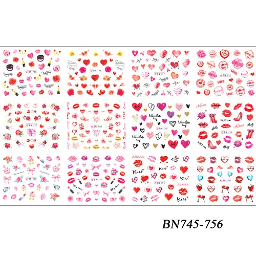 12 видов конструкций Валентина наклейки для ногтей он Книги по искусству розы красные губы Подарки воды Перевод надписи украшения для ногтей Книги по искусству Маникюр TRBN745-780 - Цвет: BN745-756