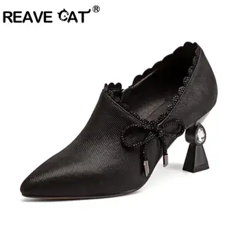 

REAVE CAT new design Shoes women Pumps Genuine Leather Ladies high heels Pointed Toe Pump Women Bowtie Rhinestone zapaos A1536
