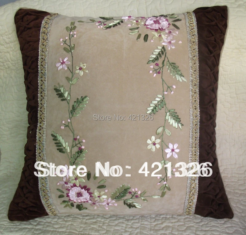 Aliexpress.com : Buy suede fabric hand made ribbon embroidery cushion cover throw pillow without ...