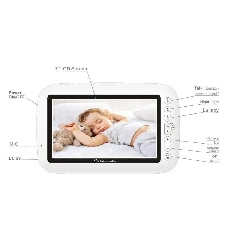 720 P HD Senza fili 7.0 Pollici baby monitor Macchina fotografica Dual View display LCD Visione not
