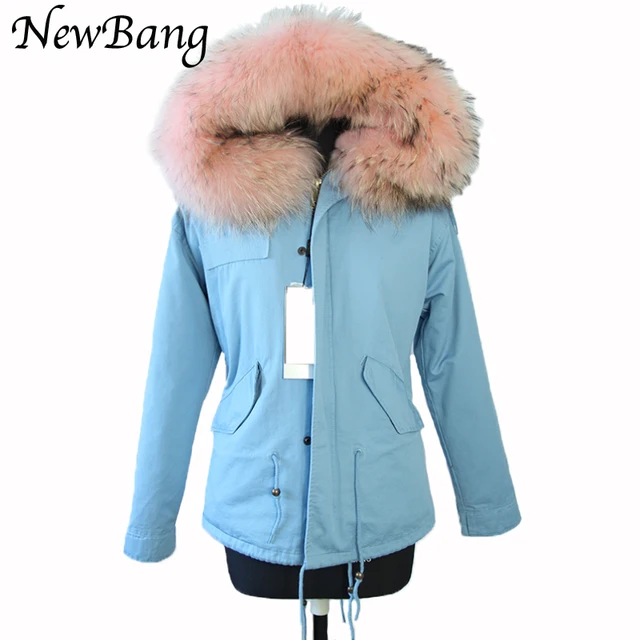Cheap Women Winter Parkas Large  Real Raccon Fur Parka Blue  Faux Fur Liner Thickening Jacket Overcoat